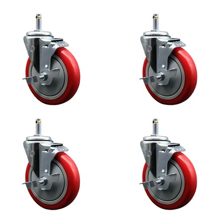 Service Caster 5'' Red Poly Swivel 7/16'' Grip Ring Stem Caster Set with Brake, 4PK SCC-GR20S514-PPUB-RED-TLB-716138-4